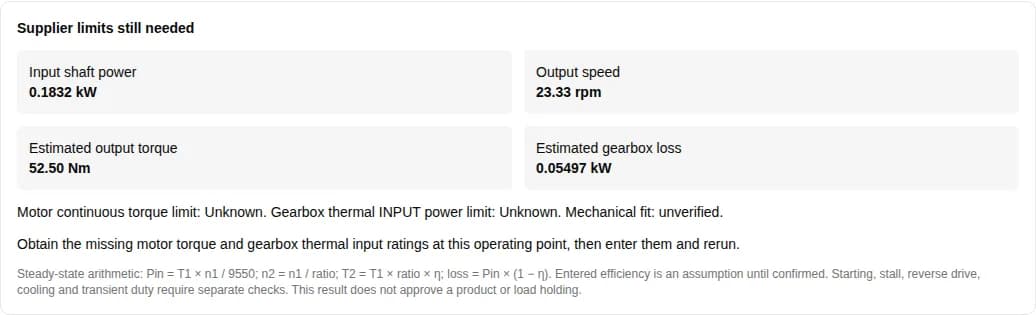 ABB motor and worm gearbox software check: 52.5 Nm estimated output torque with supplier limits still needed