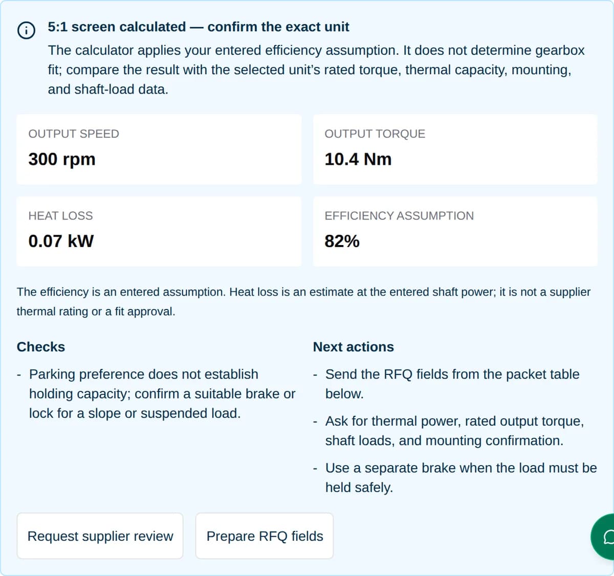 Right angle worm gearbox checker showing 300 rpm, 10.4 Nm and 0.07 kW loss for the default 5:1 example