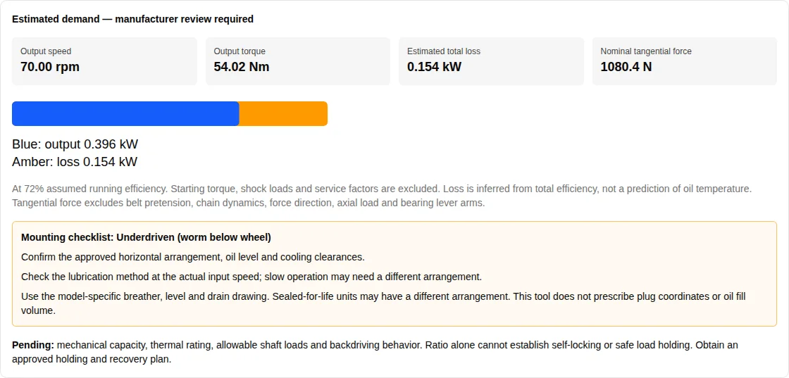 Adaptable worm gearbox checker conveyor example: 70 rpm, 54.02 Nm, 0.154 kW loss and 1080.4 N nominal tangential force